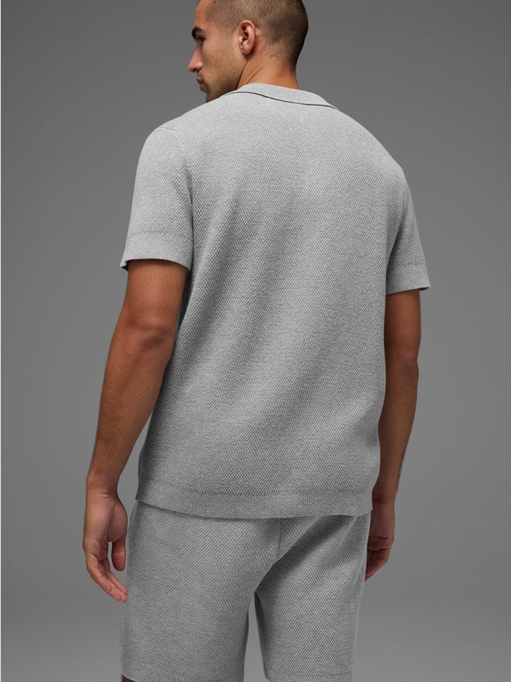 ALO Yoga Sports Club Sweater Knit Polo Athletic Heather Grey Mens Polo Gray - Picture 3 of 8